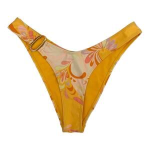 River Island Yellow Paisley High Cut Bikini Bottom Gold Metal Ring Size 8 NWOT
